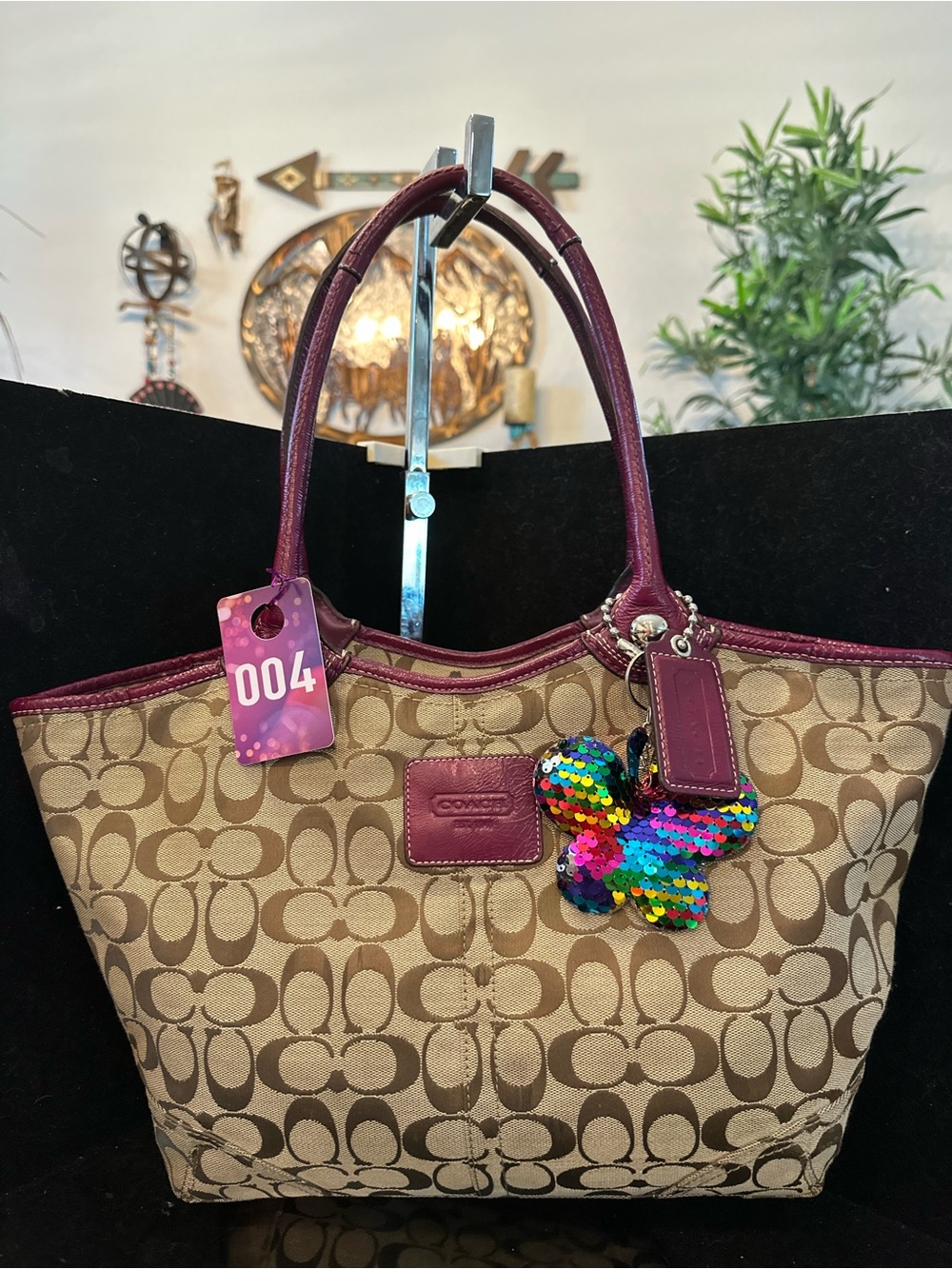 Coach #004 Bleeker Signature Canvas Tote with Burgundy Leather Trim